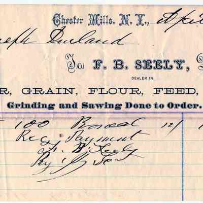 1880 - Seely, F.B. - Grain, Flour, Feed and Sawing Done to Order: The image shows an old receipt from F. B. Seely, dated April 12, 1880. Note: Chester Mills denoted the area along the Otterkill on the Chester-Goshen Road.