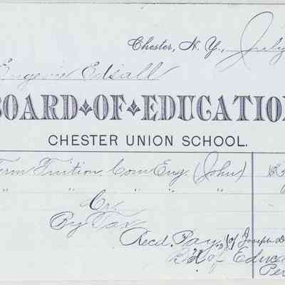 1885 - Board of Education - Chester Union School: The image displays a dated invoice from July 13, 1885, issued by the Board of Education of Chester Union School to Eugene Edsall, named on the document, detailing tuition charges for term instructions alongside noted payments made by tax and a handwritten receipt acknowledgment by the principal, outlining a financial transaction involving sums such as $5.11 and $6.50, culminating in a total amount of $11.61, as well as a tax credit of $5.96 that appears subtracted from the total.