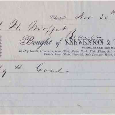 1850 - Board and Thompson - General Store: The image features an 1882 receipt for coal from a wholesale and retail dealer.
