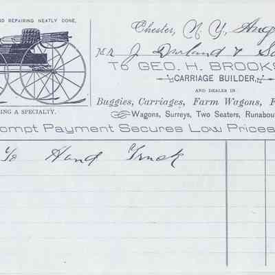 1893 - Brooks, George H. - Carriage Builder: The image shows an 1893 receipt for buggy purchases with a horse-drawn carriage illustration.
