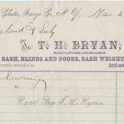 1870 - Bryan, T.N. - Sash, Blinds, Doors, and Weights: The image shows an 1870 receipt for sash and door services from T.H. Bryan in New