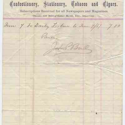 1886 - Bull, J.P. - Confectionery, Stationery, Tobacco and Cigars: The receipt from John P. Bull in 1886 details a purchase of newspapers and tobacco.