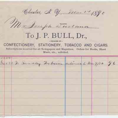 1890 - Bull, J.P. - Confectionery, Stationery, Tobacco and Cigars: The image shows an 1880 Chester, N.Y., receipt for confectionery, stationery, tobacco, and cigars.