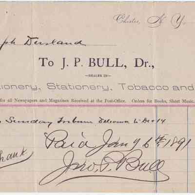 1890 - Bull, J.P. - Confectionery, Stationery, Tobacco and Cigars: The image shows an 1880 Chester, N.Y., receipt for confectionery, stationery, tobacco, and cigars.