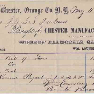 1864 - Chester Manufacturing Co. Wm. Lounsbury, Agent - Women' s Balmorals & Gaiters: The image shows an 1864 receipt from Chester Manufacturing Co. for women’s shoes, purchased by the J. & S. S. Durland store.