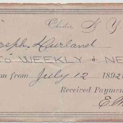 1893 - Chester Weekly News - E.M. Lansing: The image shows a receipt for a subscription to the Weekly News dated June 30, 1893.