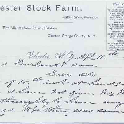 1893 - Chester Stock Farm - Joseph Gavin, Proprietor: The image depicts a letter from Chester Stock Farm, dated April 17, 1893.