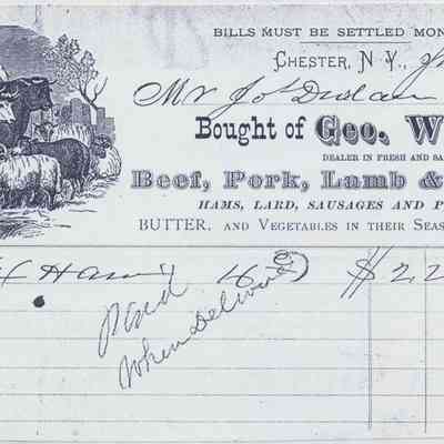 1875 - Clark, George W. - Beef, Pork, Lamb, and Mutton: The document is an 1875 receipt for meat purchases from Geo. W. Clark in Chester, N.Y.