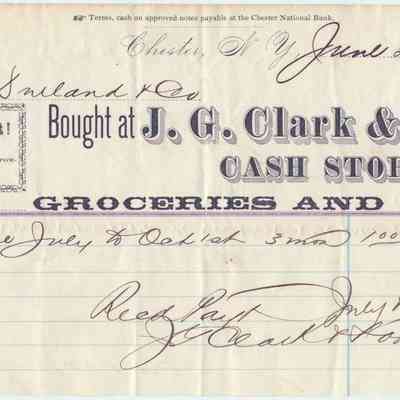 1875 - Clark, J.G. - Groceries, Cash Store: The image shows a dated receipt from J.G. Clark & Son's Cash Store, Chester, N.Y.