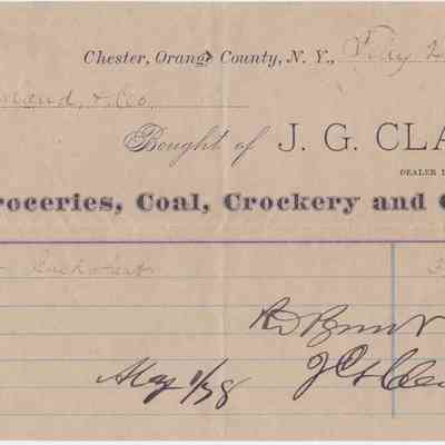 1878 - Clark, J.G. - Groceries, Coal, Crockery and Clothing.: The image shows an 1878 receipt from J.G. Clark, a dealer in groceries, coal,etc.