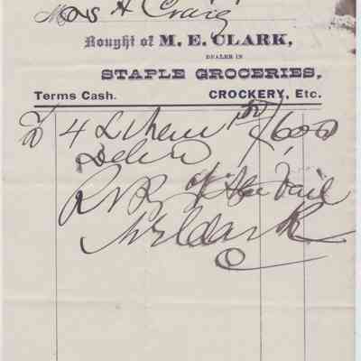 1881 - Clark, M.E. - Staple Groceries: The image shows an old receipt from M.E. Clark, dated May 2, 1881.