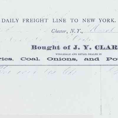 1872 - Clark, J.Y. - Freight Line to N.Y. Groceries, Coal, Onions & Potatoes: The image shows an 1873 receipt from J. Y. Clark for groceries, coal, onions, and potatoes.