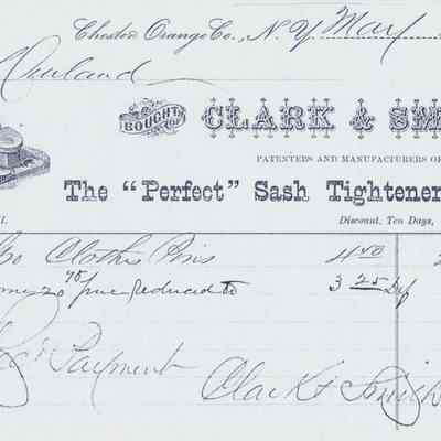 1877 - Clark and Smith - Mfg. of "The Perfect Sash Tightener and Lock": The image is an old invoice from 1875 for sash tighteners and locks sold by Clark & Smith.