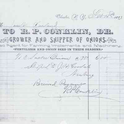 1893 - Conklin, R.P. - Grower and Shipper of Onions: The receipt from 1893 is for onion shipment by R.P. Conklin, confirming payment received.
