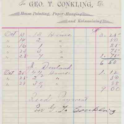 897 - Conkling, George T. - Painting, Paper-Hanging and Kalsomining: The image displays an 1897 receipt for house painting services, listing hours and costs.