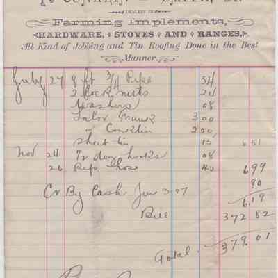 1898 - Conklin and Smith - Hardware, Stoves and Ranges: The image shows a vintage statement from Conklin & Smith, detailing purchases of hardware items with prices.