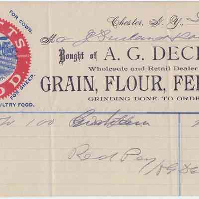 1890 - Decker, A.G. - Grain, Flour and Feed: This image shows a vintage receipt for grain, flour, and feed from A.G. Decker in Chester, N.Y.