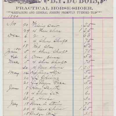 1891 - DuBois, B.P. - Practical Horse-shoer: This vintage receipt from 1891 is for horse-shoeing services by B.P. DuBois.