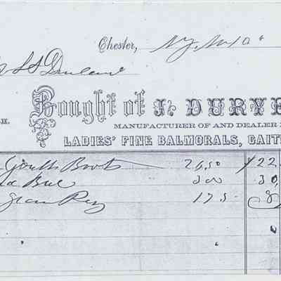 1865 - Duryea, J. - Mfg. of Ladies Fine Balmorals and Gaiters: The image displays a receipt from 1865 issued by a footwear manufacturer for various purchased items.