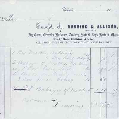 1863 - Dunning and Allison - Dry Goods, Groceries, Boots and Ready Made Cloths: The image is an old handwritten receipt from Dunning & Allison, listing purchased items and their costs.