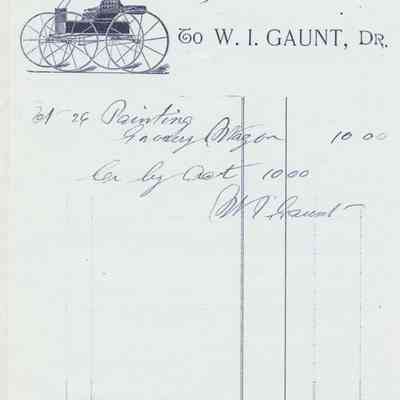 1890 - Gaunt, W.I. - Wagon Builder and Painter: This is a vintage quarterly statement from 1890 featuring detailed handwriting and a horse-drawn wagon illustration.