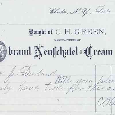 1881 - Green, C.H. - Mfg. of Neufchatel Cream Cheese: The image shows an 1881 cheese purchase receipt from Charles H. Green, manufacturer in Chester, N.Y., with