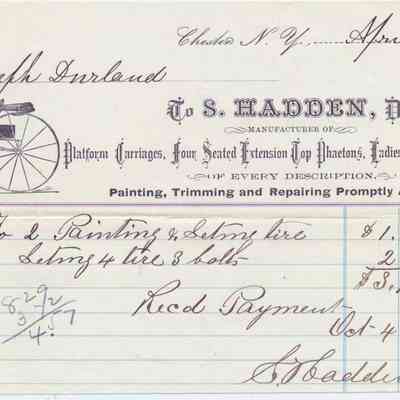 1880 - S. Hadden - Carriage Builder: The image shows an 1880 receipt for carriage services, detailing costs for painting and repairs.