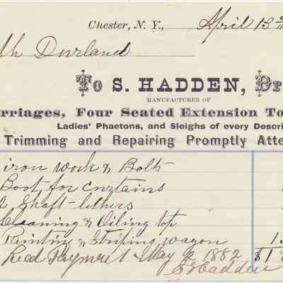 1882 - S. Hadden - Carriage Builder: The image shows an invoice from 1882 detailing carriage repairs and services, totaling $18.50.