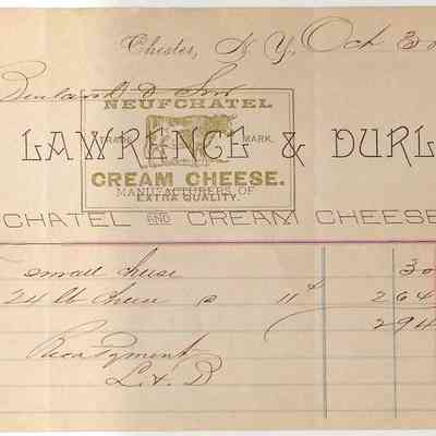 1890 - Lawrence and Durland - Mfg. of Neufchatel and Cream Cheese: The image displays an old receipt for cheese dated October 30, 1890.