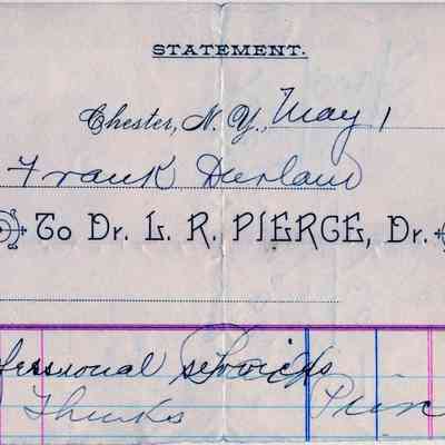 1892 - Pierce, L.R. M.D. - General Medicine: The image shows an old handwritten statement for professional services dated May 1, 1896, addressed to Mr. Frank Durland.