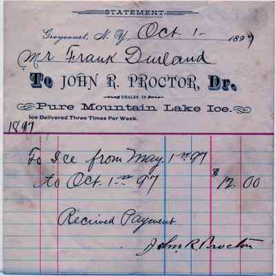 1897 - Proctor, John R. - Pure Mountain Lake Ice: The document is an 1897 receipt indicating ice delivery payment from May to October, 1897.
