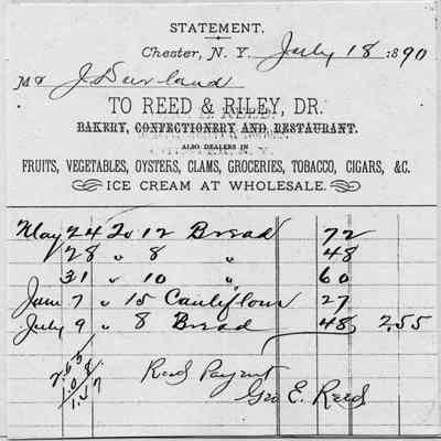 1890 - Reed and Riley - Bakery, Confectionery and Restaurant: The image shows a 1890 statement for various goods like bread and cauliflower, addressed to J. Durland.