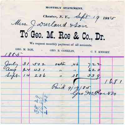1885 - Roe, George M.Roe & Co. - Grain, Feed and Coal: The image shows an 1885 monthly statement from Geo. M. Roe & Co. to a J. Durland & Sons.