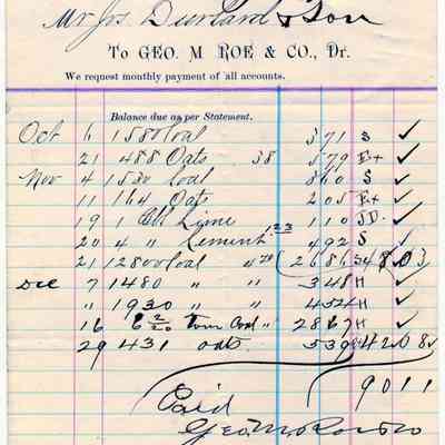 1886 - Roe, George M.Roe & Co. - Grain, Feed and Coal: The image shows a handwritten monthly statement from January 1886 detailing various transactions and payments.