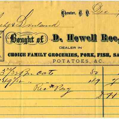 1872 - D. Howell Roe - Flour, Pork, Fish and Potatoes: The image shows a 1872 receipt from D. Howell Roe's grocery store detailing purchases of oats.