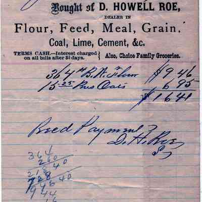 1878 - D. Howell Roe - Flour, Feed, Meal, Grain, Coal, Lime, Cenment &c.: The image shows a handwritten vintage receipt from D. Howell Roe, dated January 9th, 1878.