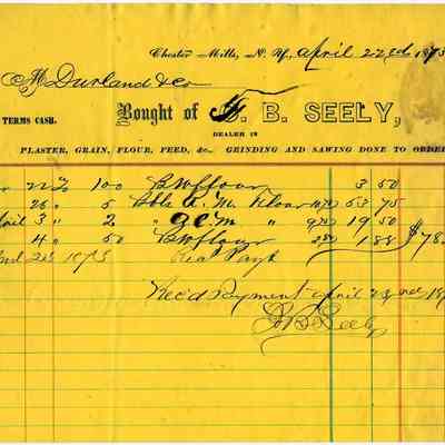 1873 - F.B. Seely - Grain, Flour, Feed and Sawing Done to Order: The image shows an 1873 invoice from FG.B. Seely for flour purchases and other goods.