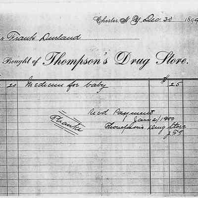 1899 - Thompson's Drug Store - General Drug Store: The image shows an 1899 receipt from Thompson's Drug Store for medicine for baby.