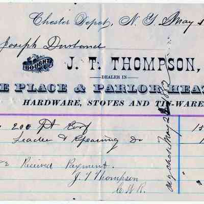 1888 - Thompson, .John T. - Hardware, Stoves and Tin Ware: The receipt, dated May 13, 1882, details a transaction from J.T. Thompson.