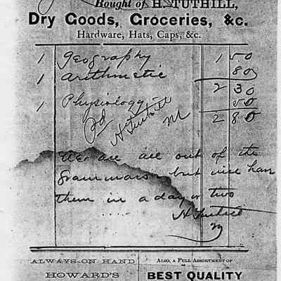 1890 - Tuthill, H. - Dry Goods, Groceries and Hardware: The image shows an old receipt with handwritten notes, detailing purchased items like geography and arithmetic materials.