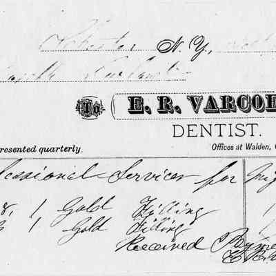 1878 - Varcoe, E.R. - Dentist: The image is a dental bill from 1877, detailing gold fillings provided by E.R. Varcoe.