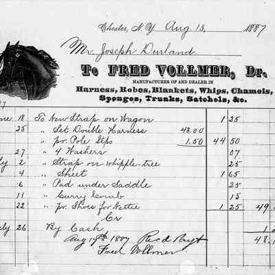 l887 - Vollmer, Fred - Harness Maker: The image displays an 1887 receipt detailing purchases of harnesses and other horse-related items.