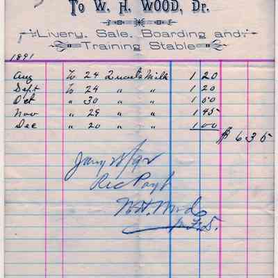 1892 - Wood, W.H. - Livery Stable, Boarding & Training: The image shows an old handwritten financial statement for W. H. Wood's stable, dated 189