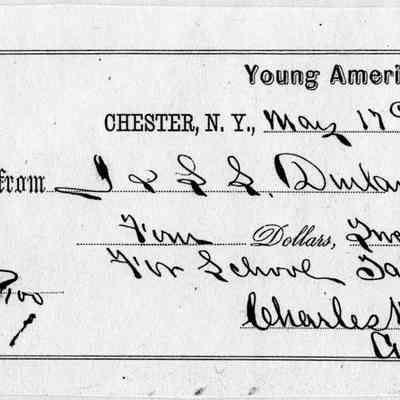 1865 - Younq America's - Social Club, Charles H. Westervelt, Tax Collector: The document is a receipt from Chester, N.Y., dated May 17, 1865, received by  Charles H. Westervelt, Collector.