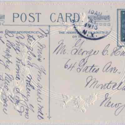Address side of the "Happy New Year to You" greeting postcard.: The image displays a vintage postcard featuring a one-cent Benjamin Franklin U.S. postage stamp postmarked from Chester, New York at 10 AM. Predominantly, the card is laden with handwritten message from Grandmother Demerest, addressed to Mr. Mr. George C. Hawkins with a New Jersey destination.