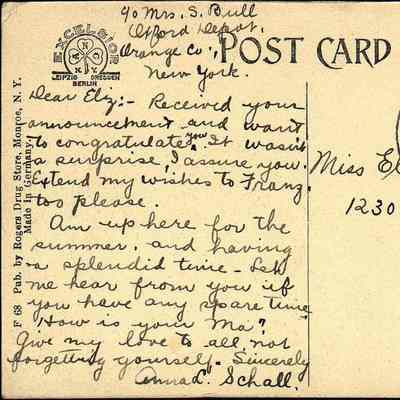 Address side on the "Birds Eye View of Walton and Round Island Lake, Monroe, N. Y." postcard.: The image shows a vintage postcard with handwritten text and a one-cent stamp.