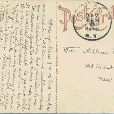 Address side of the "Erie Station, Chester, N. Y." postcard.: The address side of this postcard, addressed to "Mr. Arthur Vienaus" at "148 West 141 Street, New York City." It features cursive handwriting in black ink filling the space with a brief message centered around personal updates. On the right side, there is a one-cent U.S. postage stamp featuring Benjamin Franklin, cancelled with a circular postmarked April 8, 1916 from Chester, NY.