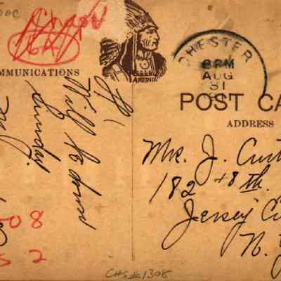 Address side of the "St. Columba Church and Rectory" postcard: The image shows an old postcard featuring an Artino logo of a Native American wearing a headdress, visible above handwritten scribbles and a green one-cent Benjamin Franklin stamp. The postcard, marked with a cancellation from Chester, N. Y. dated August 31, 8 PM, is addressed to Mrs. J. Curtin of 182 Tenth St., Jersey City, NJ. The card is significantly worn and stained, with various markings and texts, including references to "Communications" and notations in red for the 1992 Village of Chester Centennial book.