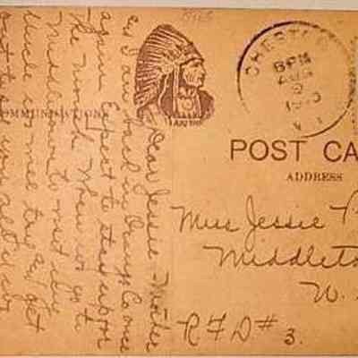 Address side of the "Chester, N.Y. Episcopal Church" postcard: The image is an old, faded postcard featuring handwritten script covering most of its surface. The top right corner has a green one-cent Benjamin Franklin stamp, postmarked from Chester, N.Y., dating back to 8 PM, August 9, 1910. The card is addressed to Miss Jessie Puff in Middletown, N.Y.