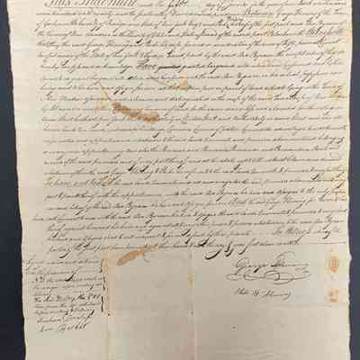 Fleming to Byram 1790 Land Deed - Front: Most likely Asa Byram is a member of the Schulz family

The image shows an old, formal document titled "This Indenture," written in elegant cursive handwriting. It appears to be a legal agreement or contract dated the fifth day of June 1790 involving parties named George Fleming and his wife Phebe Birdsey and Asa Byram. The text includes details about the transaction, mentioning locations such as Newburgh and New Windsor in New York state. The document is likely related to a land or property transfer, evidenced by terms like “granted” and “leased.” Signatures and annotations are visible at the bottom, including those of witnesses named Abraham Dunlap and Ann Powell. The document is stained and aged, suggesting significant historical value.